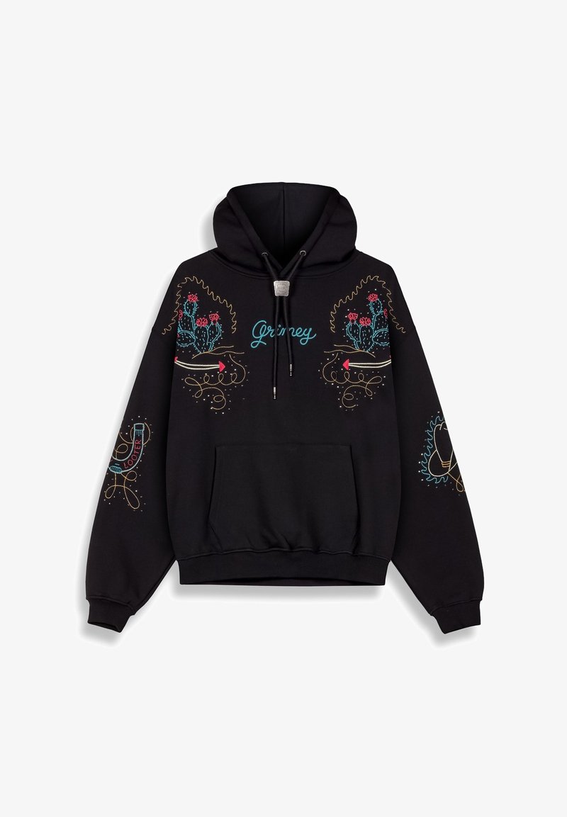 Sudadera negra con coloridos bordados de cactus y flores, capucha con cordón, bolsillo frontal y dobladillo acanalado. El texto dice "Grimey."
