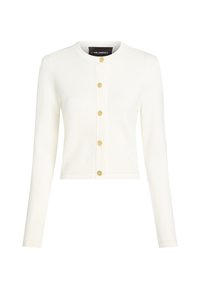 Cardigan bianco, cropped, realizzato in morbido tessuto a maglia, con maniche lunghe e sei bottoni dorati sulla parte anteriore.