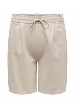 Beiget polven mittaiset shortsit, joissa on joustava vyötärönauha, vyölenkit, etuketjutaskut ja edessä keskellä sidottava nyöritys.