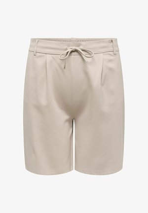 Bež kratke hlače do kolen z elastičnim pasom, zankami za pas, sprednjimi naborki in zavezovanjem z vrvico na sredini spredaj.