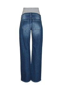 Wide-leg denim jeans with a blue wash, featuring a smooth gray waistband and two back pockets. The texture is soft and slightly faded.