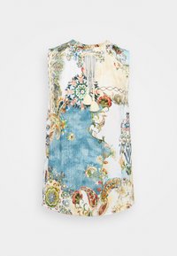 Tunique sans manches avec un motif floral en bleu, crème et orange. Présente un col rond avec un lien et des franges décoratives.