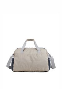 Sac de sport beige avec des sangles grises, de forme rectangulaire et en tissu texturé. Les panneaux latéraux sont bleu marine. Sangle d'épaule ajustable incluse.