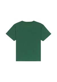 Camiseta de algodón verde de manga corta y cuello redondo, mostrada plana con el lado posterior hacia arriba sobre un fondo blanco.