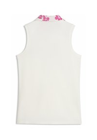 Λευκή μπλούζα χωρίς μανίκια με γιακά σε ροζ φλοράλ μοτίβο. Ομαλή υφή, ευθεία γραμμή. Χωρίς επιπλέον στοιχεία σχεδίου ή διακοσμητικά.