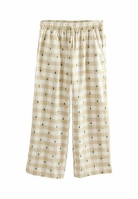 Ljusbeige rutiga pyjamasbyxor med gröna trämönster; elastisk midja med dragsko; mjukt, lätt tyg; vida ben.