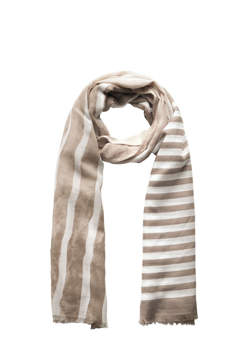 Sciarpa beige con una combinazione di strisce bianche larghe e strette, realizzata in tessuto testurizzato con bordi sfrangiati. Design leggero e fluido.