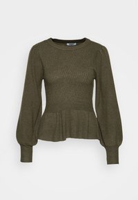 Maglione a coste verde oliva con maniche a sbuffo lunghe e orlo a peplo. Presenta un colletto rotondo e un motivo testurizzato su tutta la superficie.