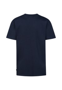 Marineblå bomulds-t-shirt med korte ærmer og rund halsudskæring. Glat tekstur, ingen mønstre eller grafik, ensfarvet bagside.