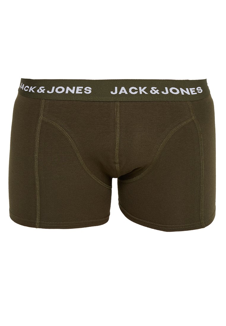 Boxer in verde oliva con logo "JACK & JONES" bianco sulla cintura, caratterizzati da una vestibilità aderente e in morbido cotone.