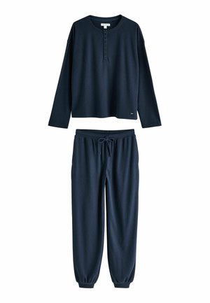 Marineblaues zweiteiliges Loungewear-Set mit langärmligem Henley-Oberteil mit Knöpfen und Jogginghosen mit Kordelzug und elastischen Bündchen.