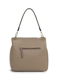 Beige leren handtas met een gestructureerde afwerking, een enkele zwarte schouderband en een voorzak met rits. Elegante en praktische vormgeving.