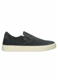 Scarpe slip-on in suede grigio con suola in gomma bianca, dotate di pannelli laterali elastici e un design minimalista. Nessun hardware visibile o motivi.