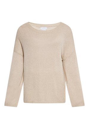 Beige sweater lavet af blødt strikmateriale, med rund halsudskæring, lange ærmer og en afslappet pasform. Let skinnende og ribbet kantdetaljer.