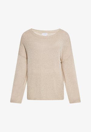 Beige neulepaita, joka on valmistettu pehmeästä neulomista, jossa on pyöreä pääntie, pitkät hihat ja rento istuvuus. Hieman kiiltävä pinta ja ribattu helma.