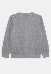 Felpa grigia in morbido cotone spazzolato con polsini e orlo a costine. Presenta un classico collo a giro e un retro liscio, privo di decorazioni.