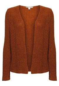 Rust-colored knitted cardigan with open front, long sleeves, and a textured pattern. Made from soft yarn, features a relaxed fit.
