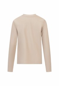 Langsleeve top in beige, gemaakt van ribbelstof. Heeft een eenvoudig ontwerp aan de achterkant, een ronde halslijn en aansluitende mouwen. Geen zichtbare patronen of accenten.