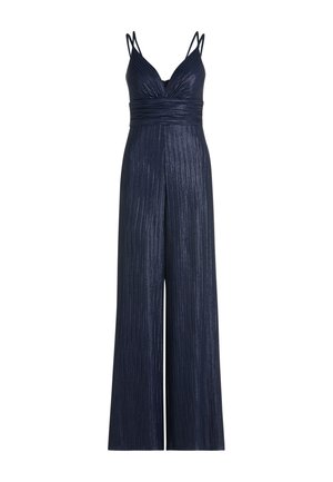 Tuta blu navy con scollo a V e sottili spalline a spaghetti. Presenta costine verticali e pantaloni a gamba larga per una silhouette fluida.
