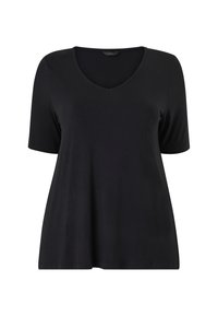 T-shirt nera a maniche corte con scollo a V, realizzata in tessuto morbido, caratterizzata da una vestibilità morbida e una superficie liscia senza motivi o accessori visibili.