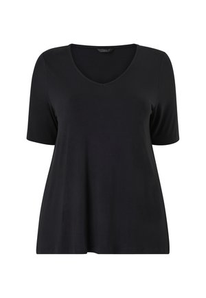 T-shirt nera a maniche corte con scollo a V, realizzata in tessuto morbido, caratterizzata da una vestibilità morbida e una superficie liscia senza motivi o accessori visibili.