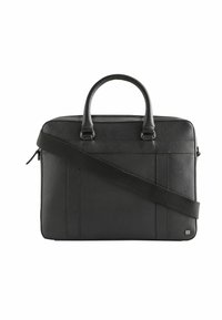 Black leather laptop bag with a textured finish, dual top handles, and an adjustable shoulder strap. Features front and back panel detailing.