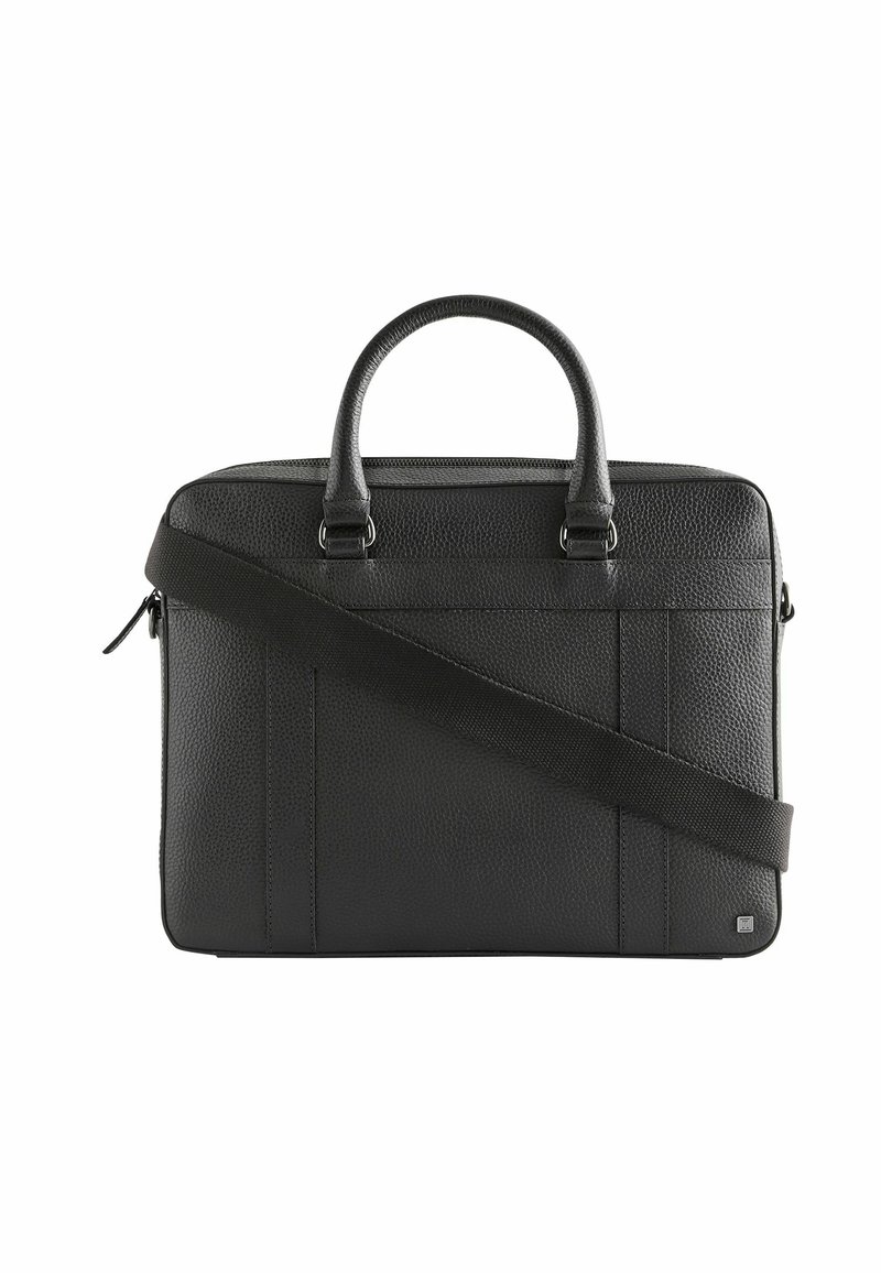 Black leather laptop bag with a textured finish, dual top handles, and an adjustable shoulder strap. Features front and back panel detailing.