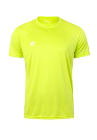 Kurzärmliges Sport-T-Shirt in leuchtendem Limettengrün, aus leichtem, glattem Stoff gefertigt. Mit einem kleinen weißen Logo auf der linken Brust.