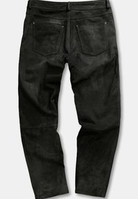 Zwarte suede broek met een gladde textuur, voorzien van twee achterzakken, gestikte details en een tapered leg ontwerp.
