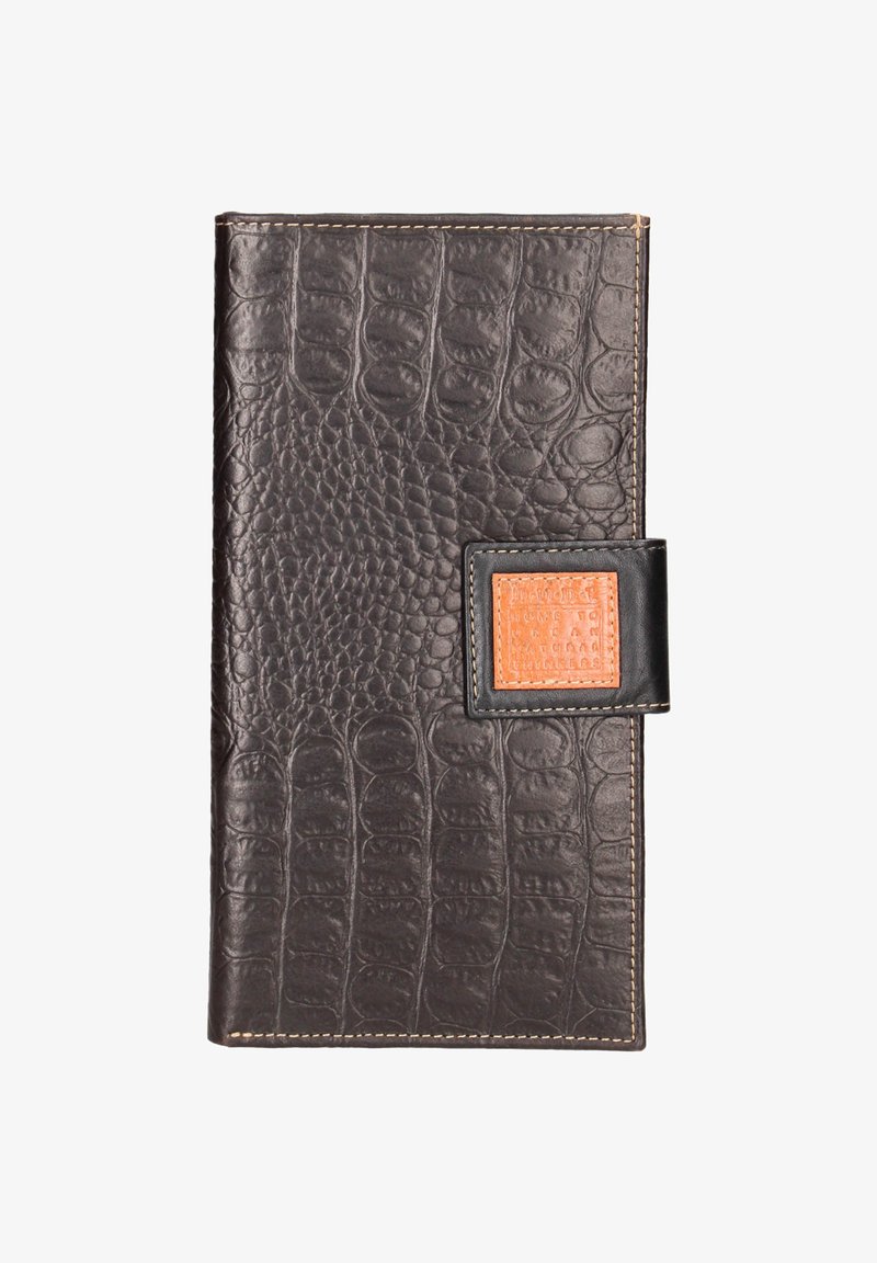 Zwarte, gestructureerde leren portemonnee met een krokodillenpatroon. Heeft een kleine oranje accent en contrasterende stiksels langs de randen.