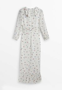 Robe maxi florale blanche, dotée d'un col festonné, de manches longues, d'une taille froncée et d'un ourlet volanté. Petits motifs floraux colorés tout au long.