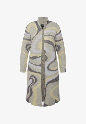 Cardigan long et ouvert à l'avant en tricot doux avec un motif tourbillon gris, jaune et crème. Doté de manches longues et d'un tissu texturé.