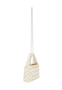 Woven white leather handbag with a short, twisted handle and a long silver chain strap, featuring a rectangular shape and textured surface.