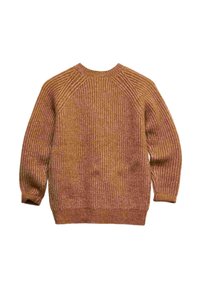 Gebreide trui in warme aardetinten, met een geribbelde textuur, lange mouwen en een ronde halslijn met een raglanontwerp.