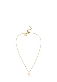 Collar de oro con una cadena delgada, que presenta un colgante circular con un diseño de estrella y un pequeño cierre ajustable en la parte posterior.