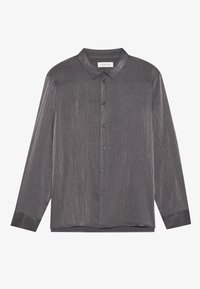 Long-sleeved, dark grey button-up shirt made from a smooth, shiny fabric with a subtle textured pattern and a classic collar.