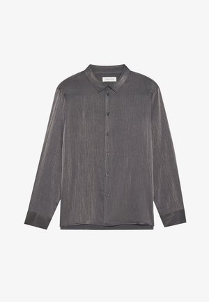 Long-sleeved, dark grey button-up shirt made from a smooth, shiny fabric with a subtle textured pattern and a classic collar.