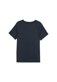 Marineblauw katoenen T-shirt met korte mouwen, ronde halslijn en een gladde textuur. Eenvoudig ontwerp zonder extra patronen of accenten.
