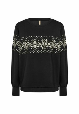 Fekete, hosszú ujjú pulóver, puha anyagból, krém színű hópehely mintával a mellrészen és rugalmas mandzsettákkal a kézhosszban.