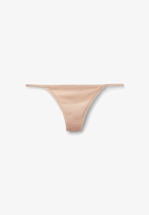 Light beige women's thong underwear with thin waistband displayed on white background.
