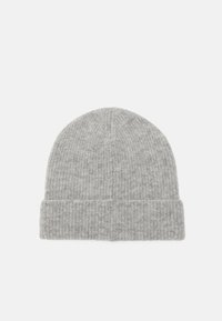 Gray knitted ribbed beanie hat with a rolled cuff, made of a soft material, featuring a textured pattern throughout.