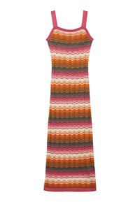 Robe en tricot à fines bretelles, présentant un motif en zigzag orange, rose, vert et crème. Longue et ajustée avec une finition texturée.