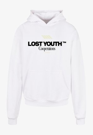 Fehér kapucnis pulóver, elülső kenguru zsebbel, fekete logó szöveggel "LOST YOUTH" és "Cooperations", sárga kiegészítőkkel.