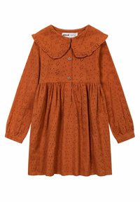 Šaty v rezavé barvě s volánkovým límcem, zapínáním na knoflíky vpředu, dlouhými rukávy a krajkovým detailem po celé tkanině. Měkký bavlněný materiál.