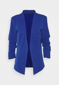 Blazer bleu avec une coupe ajustée, devant ouvert et manches longues légèrement drapées. Tissu lisse avec une finition mate.