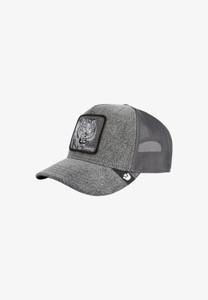 Grijze pet met een gestructureerde stof en zijkanten van mesh. Voorzien van een zwarte patch met een tijgerontwerp, contrasterende stiksels en een gebogen klep.
