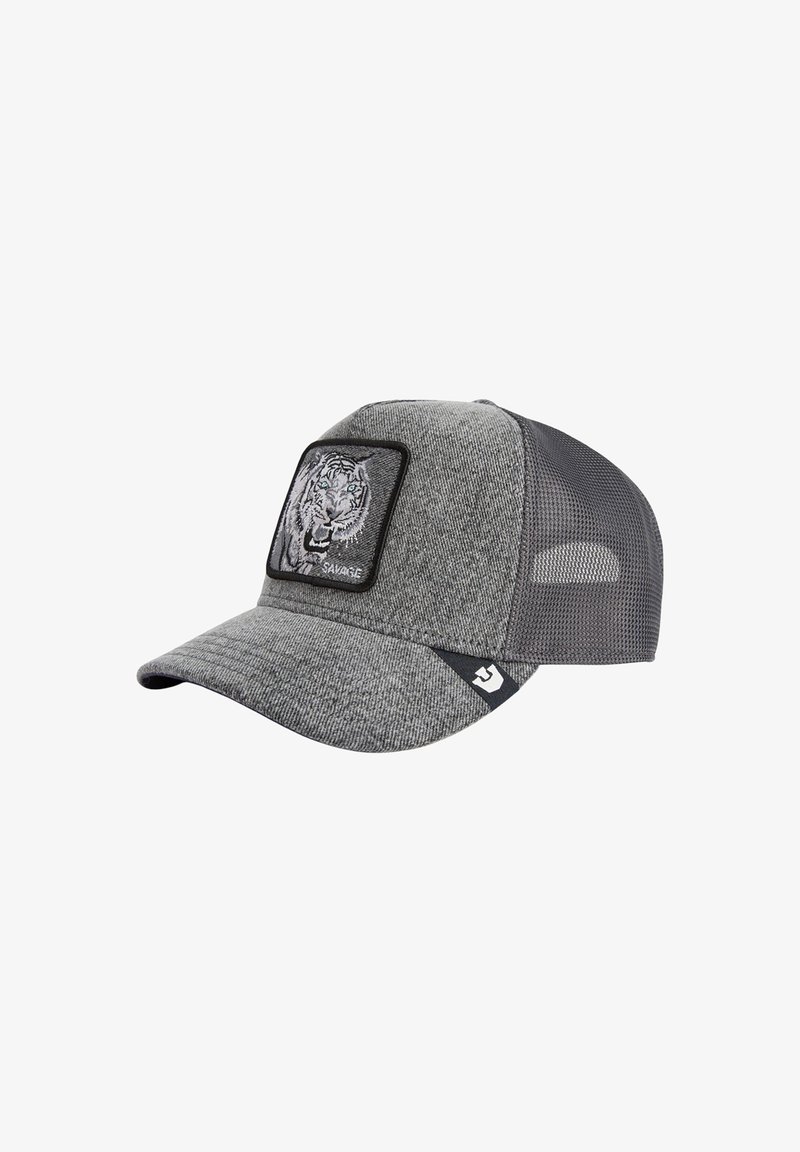 Graue Mütze aus strukturiertem Stoff mit Netzeinsätzen an den Seiten. Sie verfügt über einen schwarzen Aufnäher mit Tiger-Motiv, kontrastierende Nähte und einen gebogenen Schirm.
