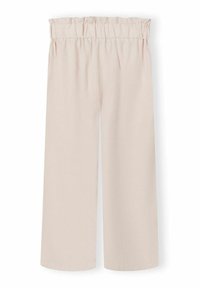 Pantalon beige à jambes larges avec taille élastique froncée, devant plat et coupe ample et décontractée.