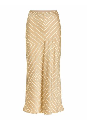 Jupe midi beige avec motif géométrique de diamants à pois blancs, taille haute et ourlet légèrement évasé.