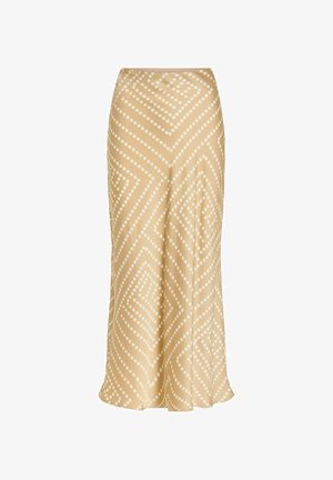 Beige midi skirt with white dotted geometric diamond pattern, high waist, and slightly flared hem.